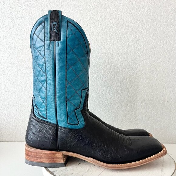 Rod Patrick Mens Cowboy Boots 13 AA Black Ostrich Blue Top Western Square Toe - Picture 2 of 12